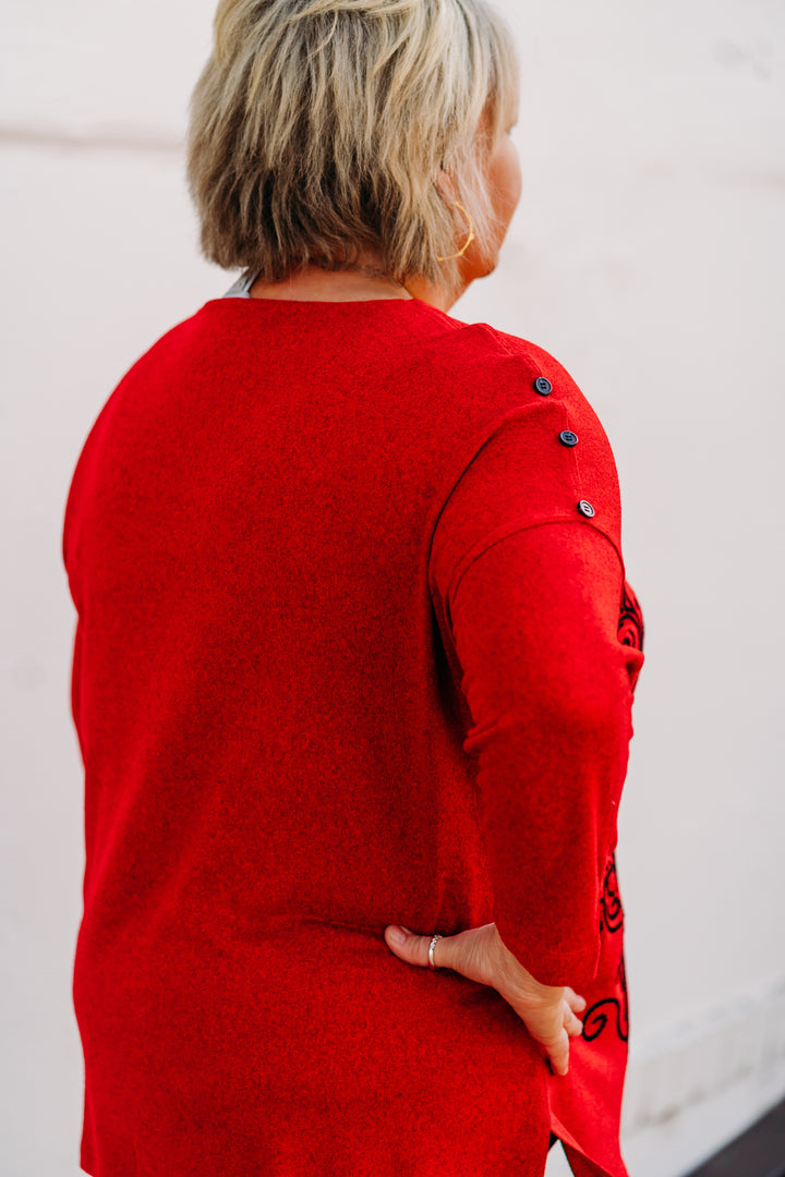 Multiples: Dolman 3/4 Sleeve Wide Neck Button Shoulder Solid Dyed Hatchi with Sequin Print Top M44304TM - 640 Vivid Red