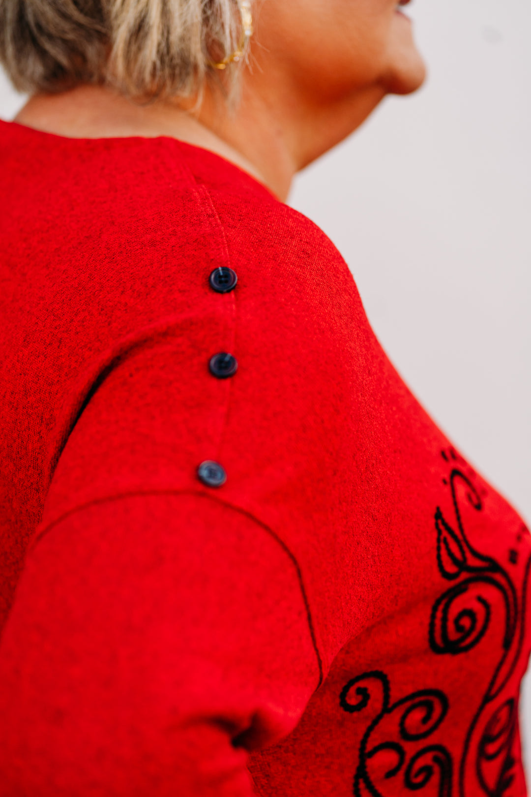 Multiples: Dolman 3/4 Sleeve Wide Neck Button Shoulder Solid Dyed Hatchi with Sequin Print Top M44304TM - 640 Vivid Red