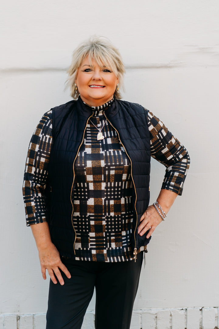 Multiples: Long Sleeve Drop Shoulder Mock Neck Print Knit Top with Button Side Hem Vents M44410TM - 969 Multi