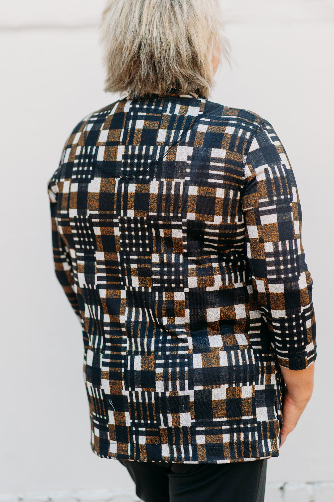 Multiples: Long Sleeve Drop Shoulder Mock Neck Print Knit Top with Button Side Hem Vents M44410TM - 969 Multi