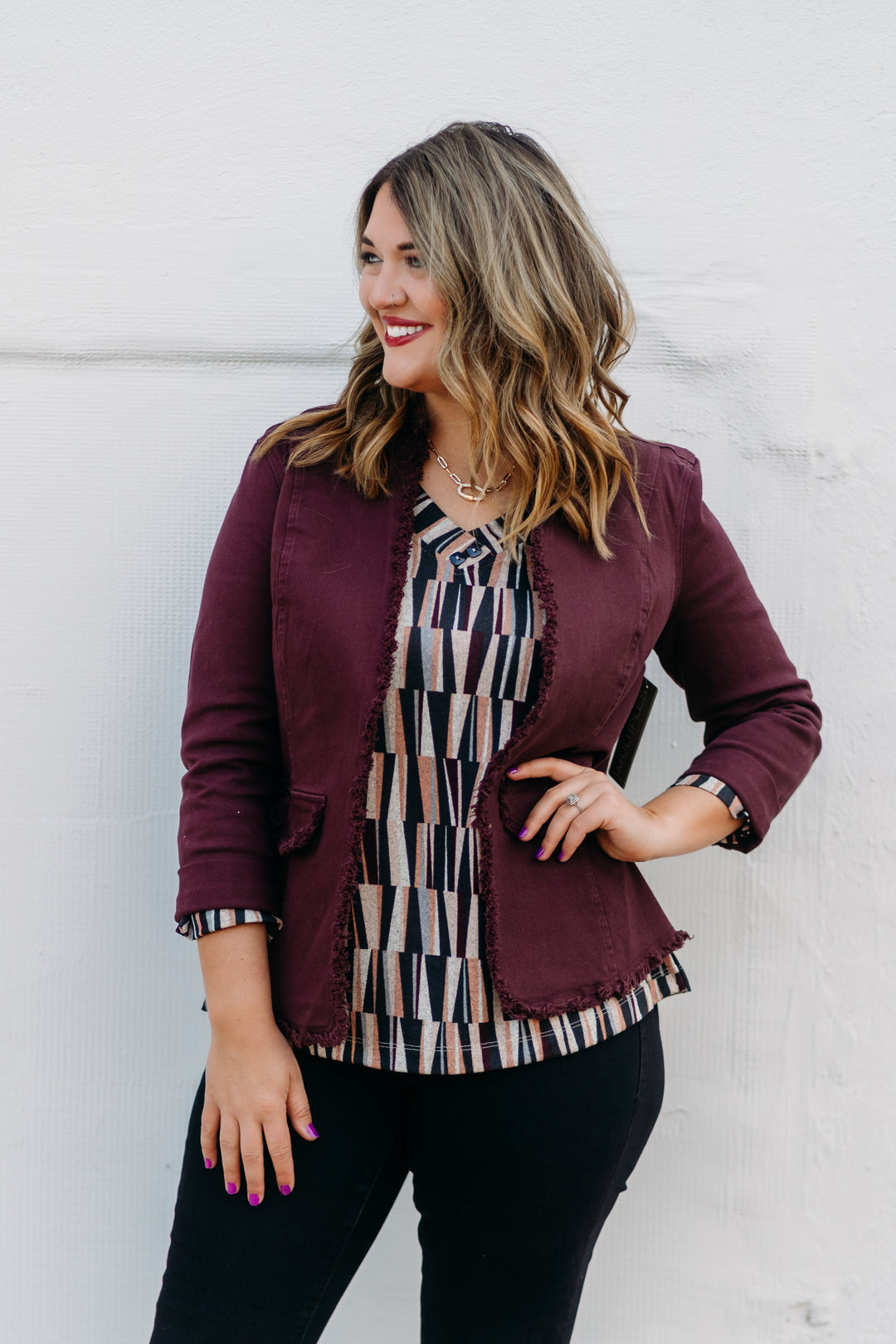 Multiples: Rolled Long Sleeve Stand Collar Open Front Solid Denim & Twill Jacket with Fringe Trim M44201JM - 628 Auburn