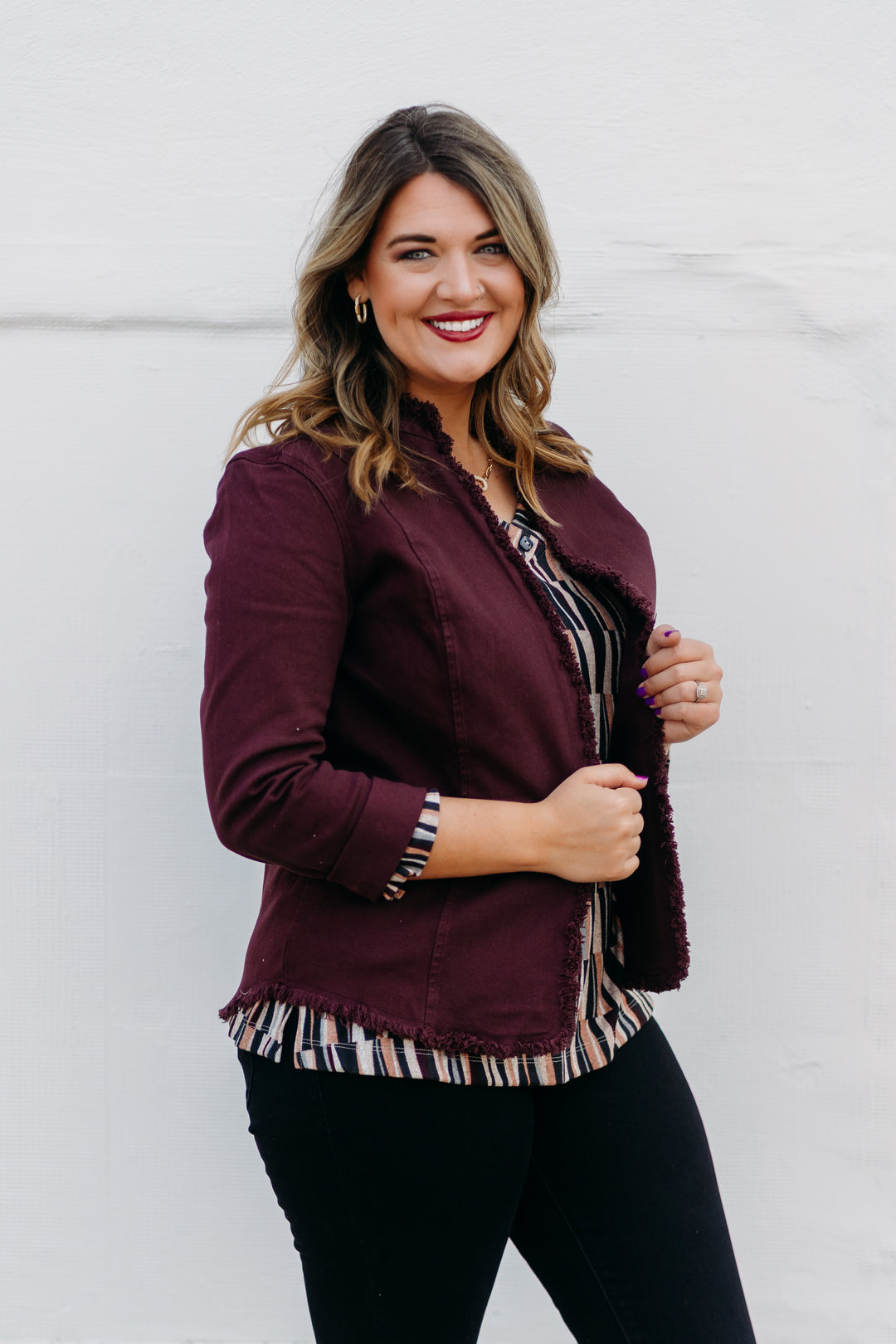 Multiples: Rolled Long Sleeve Stand Collar Open Front Solid Denim & Twill Jacket with Fringe Trim M44201JM - 628 Auburn