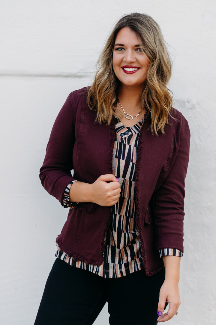 Multiples: Rolled Long Sleeve Stand Collar Open Front Solid Denim & Twill Jacket with Fringe Trim M44201JM - 628 Auburn