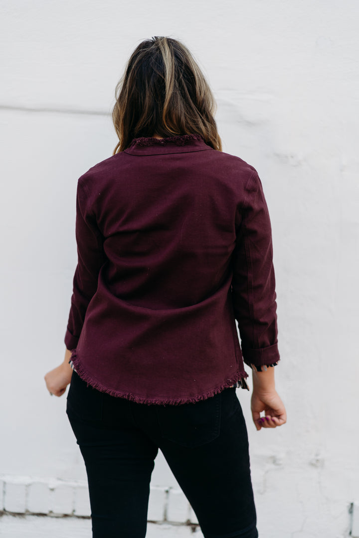 Multiples: Rolled Long Sleeve Stand Collar Open Front Solid Denim & Twill Jacket with Fringe Trim M44201JM - 628 Auburn