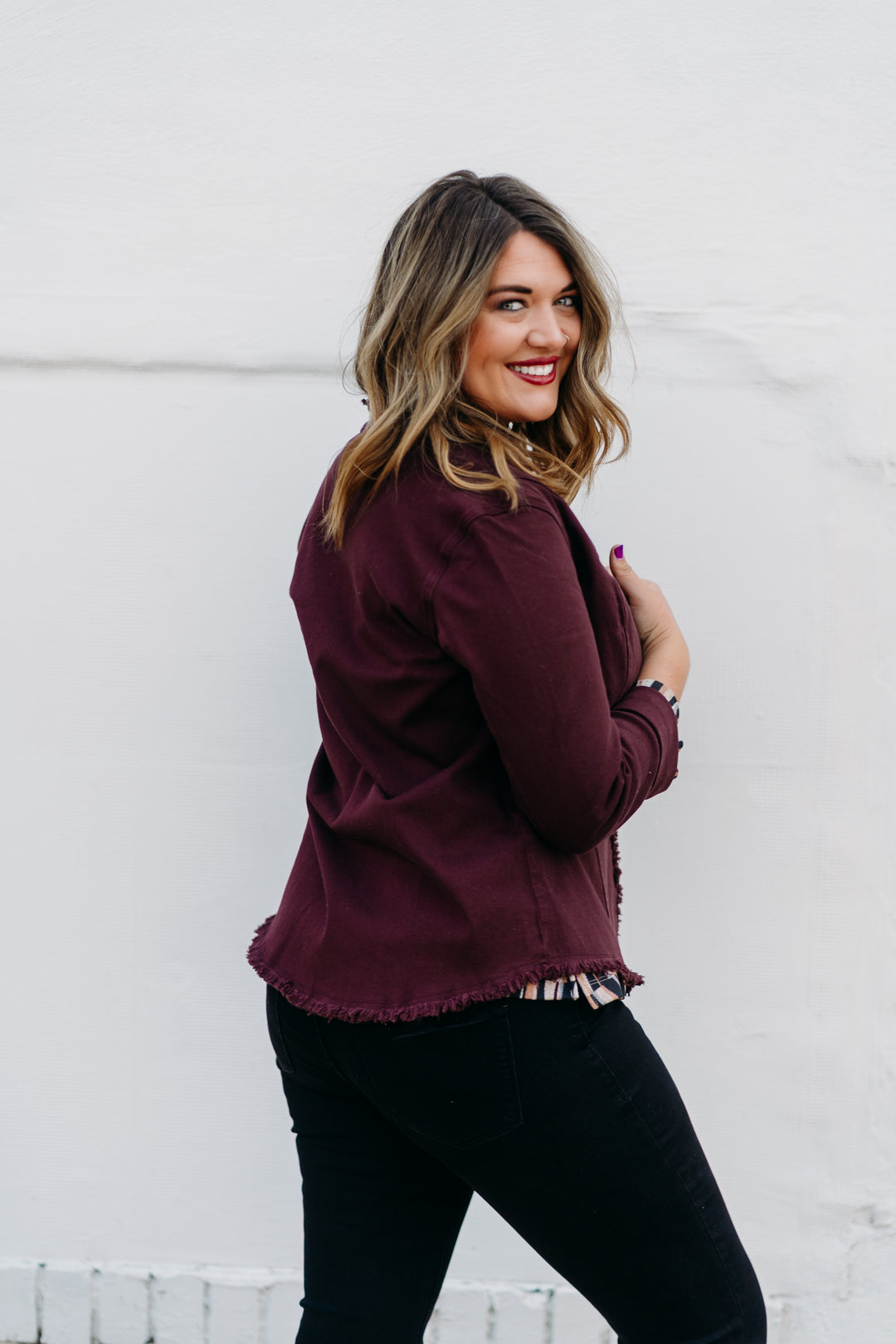 Multiples: Rolled Long Sleeve Stand Collar Open Front Solid Denim & Twill Jacket with Fringe Trim M44201JM - 628 Auburn