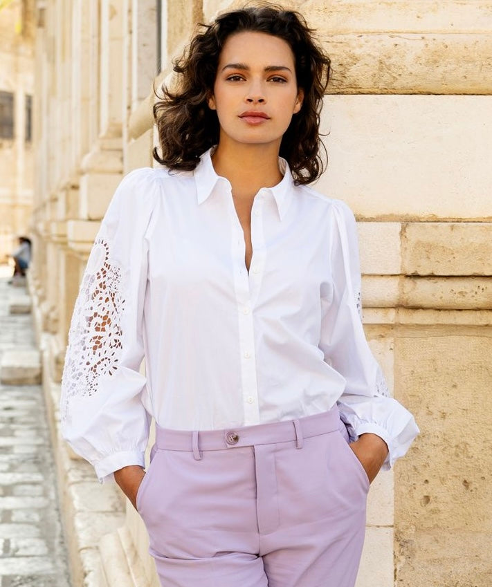 Esqualo: Lace Sleeve Blouse in Off White - 14035