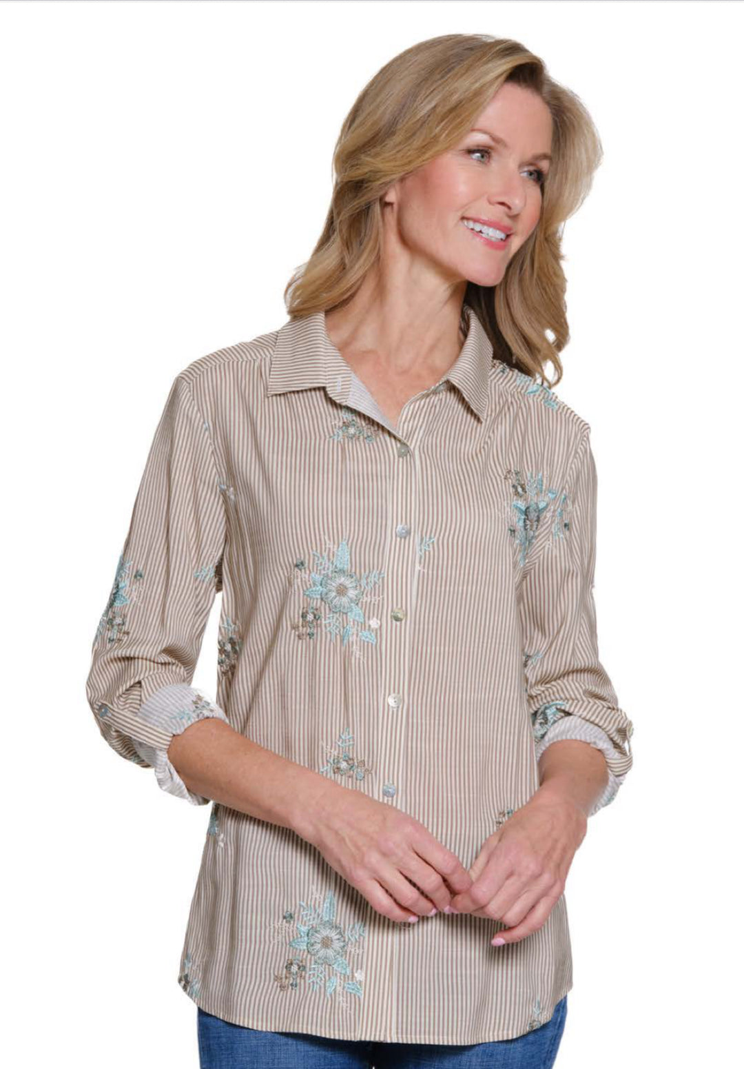 Multiples: Roll Tab Front Button Shirt W/ Embroidery (M35411BM)