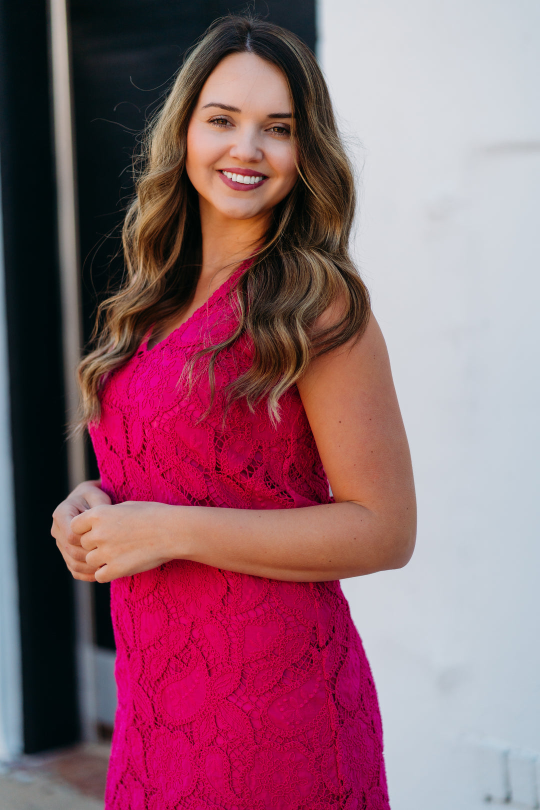 Karen Kane: Lace Shift Dress in Dark Pink 2L70216