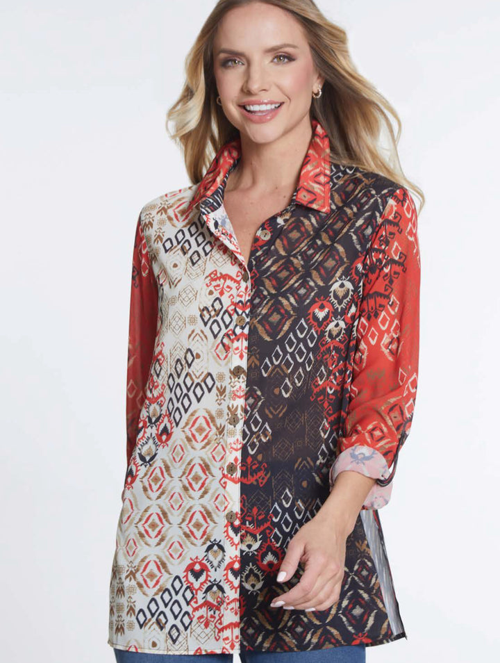 Multiples: Roll Tab Cuffed Long Sleeve Button Front Shirt: M34206BM