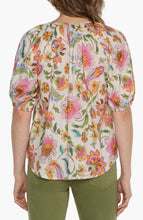 Load image into Gallery viewer, Liverpool: Short Sleeve Button Front Shirred Woven Top in Pink Multi Floral
