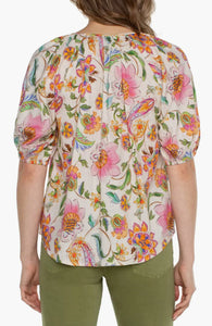 Liverpool: Short Sleeve Button Front Shirred Woven Top in Pink Multi Floral
