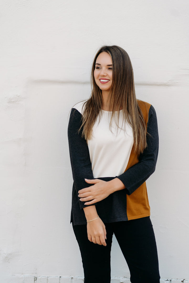 Multiples: 3/4 Sleeve Jewel Neck Color Block Solid Sweater Knit Top M44403KM - 969 Multi