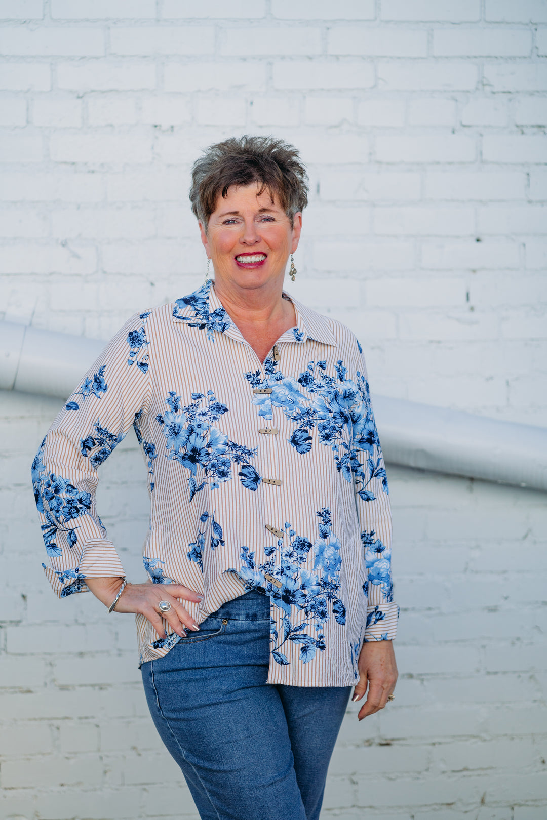 Multiples: Turn-Up Cuff 3/4 Sleeve Shirt in Multi M15307BM