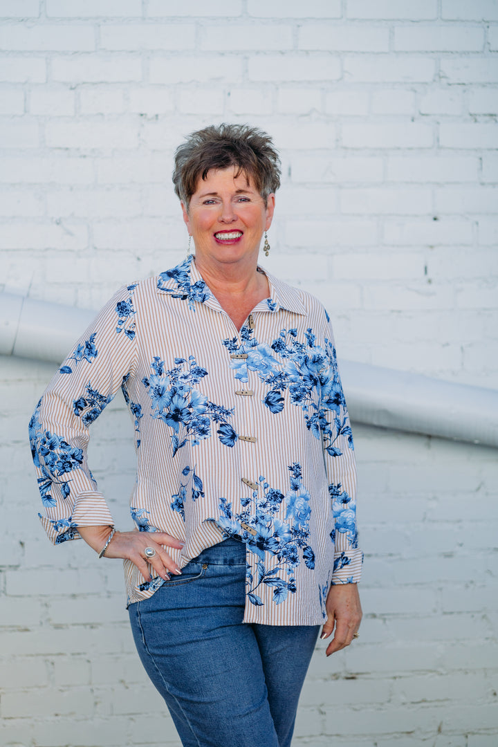 Multiples: Turn-Up Cuff 3/4 Sleeve Shirt in Multi M15307BM