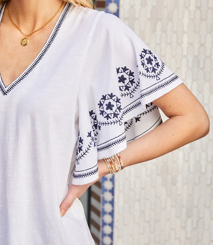 Karen Kane: Embroidered Flutter Sleeve Top in Off White