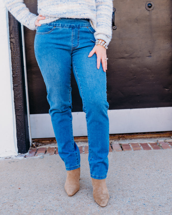 Multiples: Denim Pull-on Ankle Jean Pants in Medium Indigo