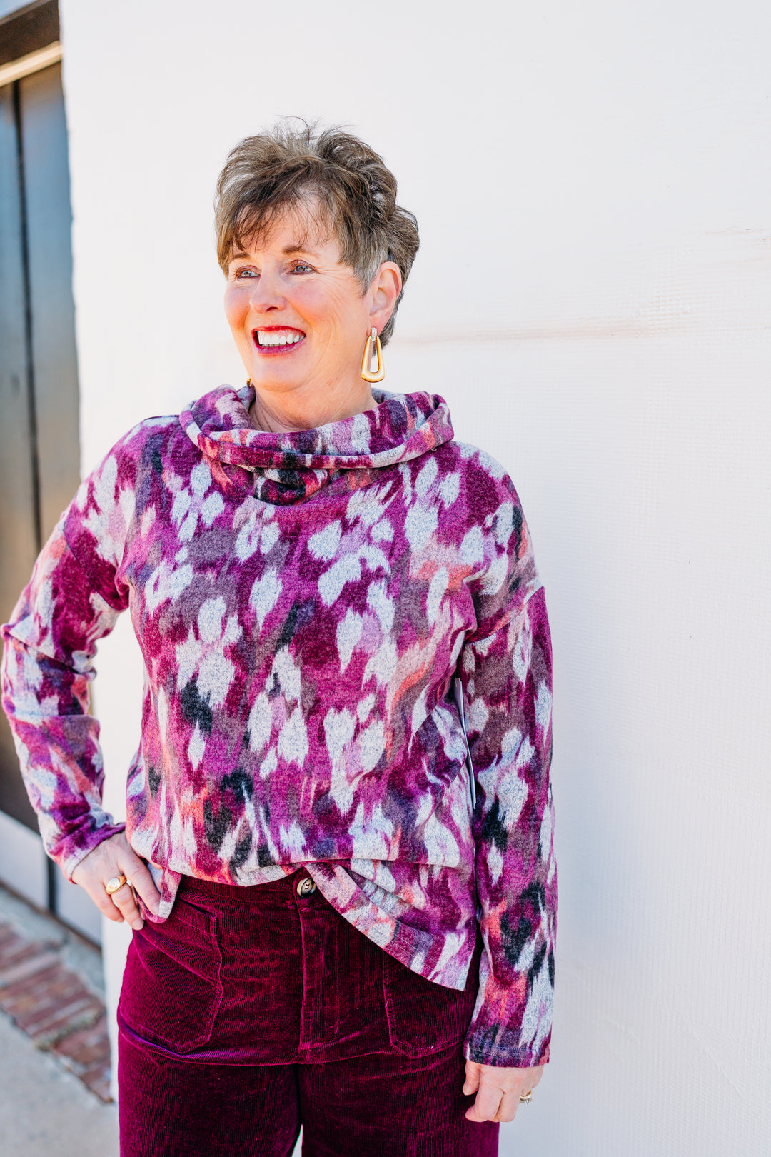 Tribal: Drop Shoulder Cowl Neck Sweater in Red Plum - 4784O-3603