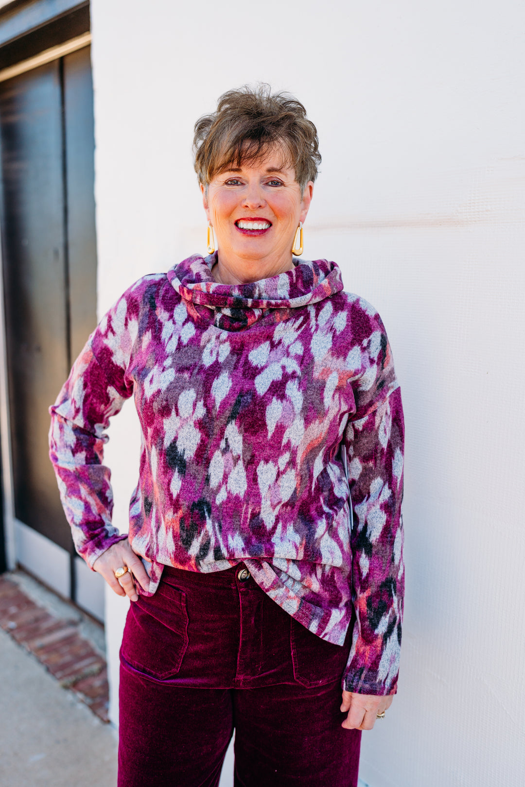 Tribal: Drop Shoulder Cowl Neck Sweater in Red Plum - 4784O-3603