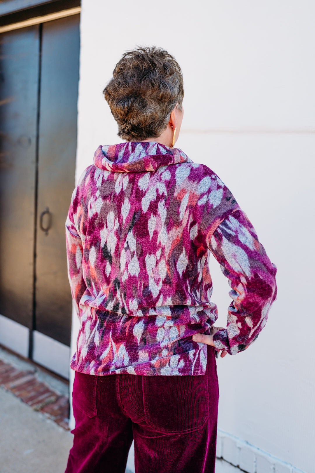 Tribal: Drop Shoulder Cowl Neck Sweater in Red Plum - 4784O-3603