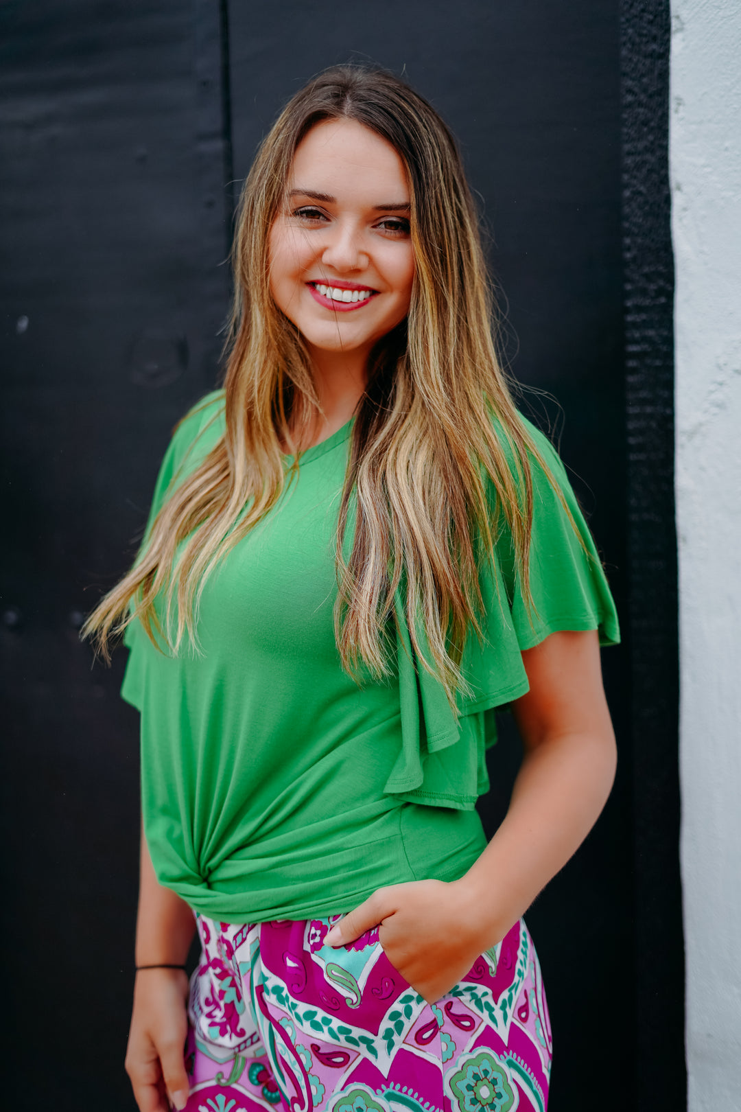 Karen Kane: Flutter Sleeve Drape Front Top in Green