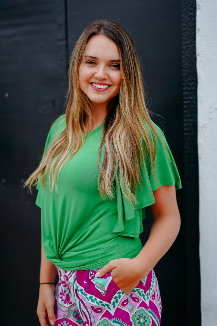 Karen Kane: Flutter Sleeve Drape Front Top in Green