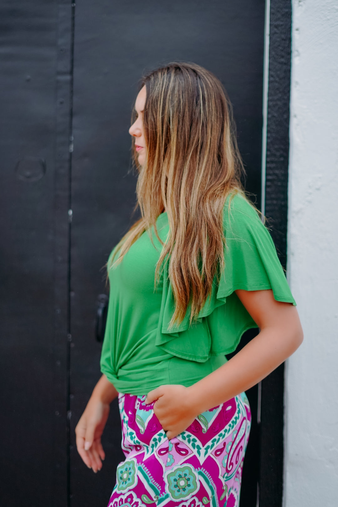 Karen Kane: Flutter Sleeve Drape Front Top in Green