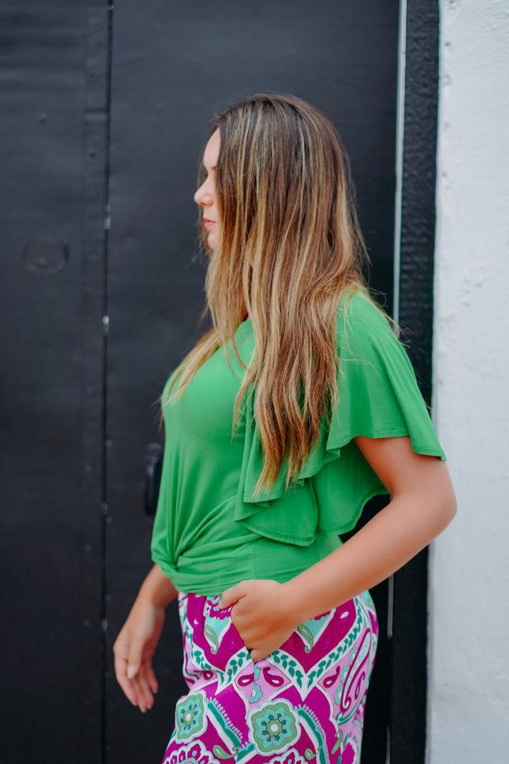 Karen Kane: Flutter Sleeve Drape Front Top in Green