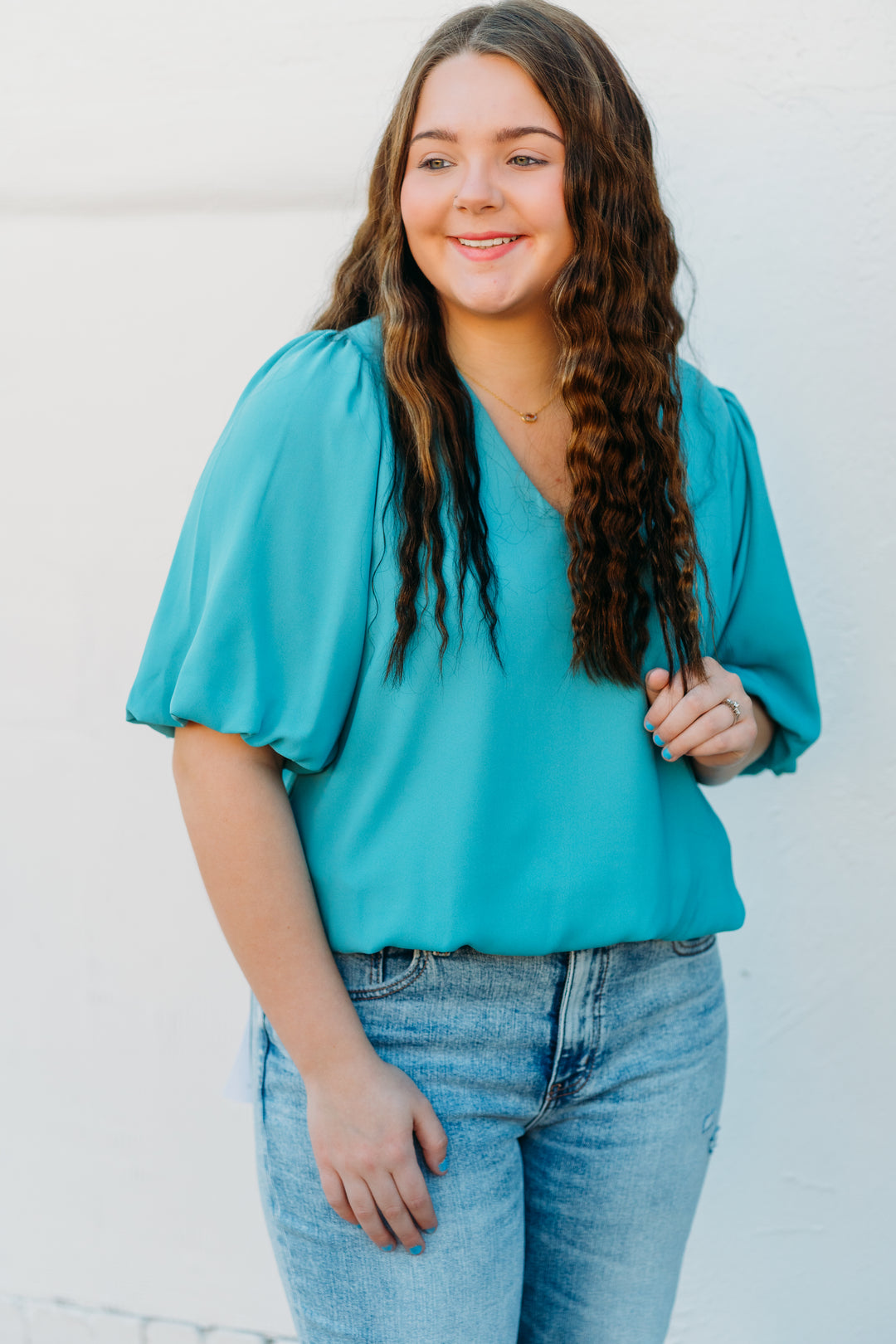 Karen Kane: Puff Sleeve Top in Aqua