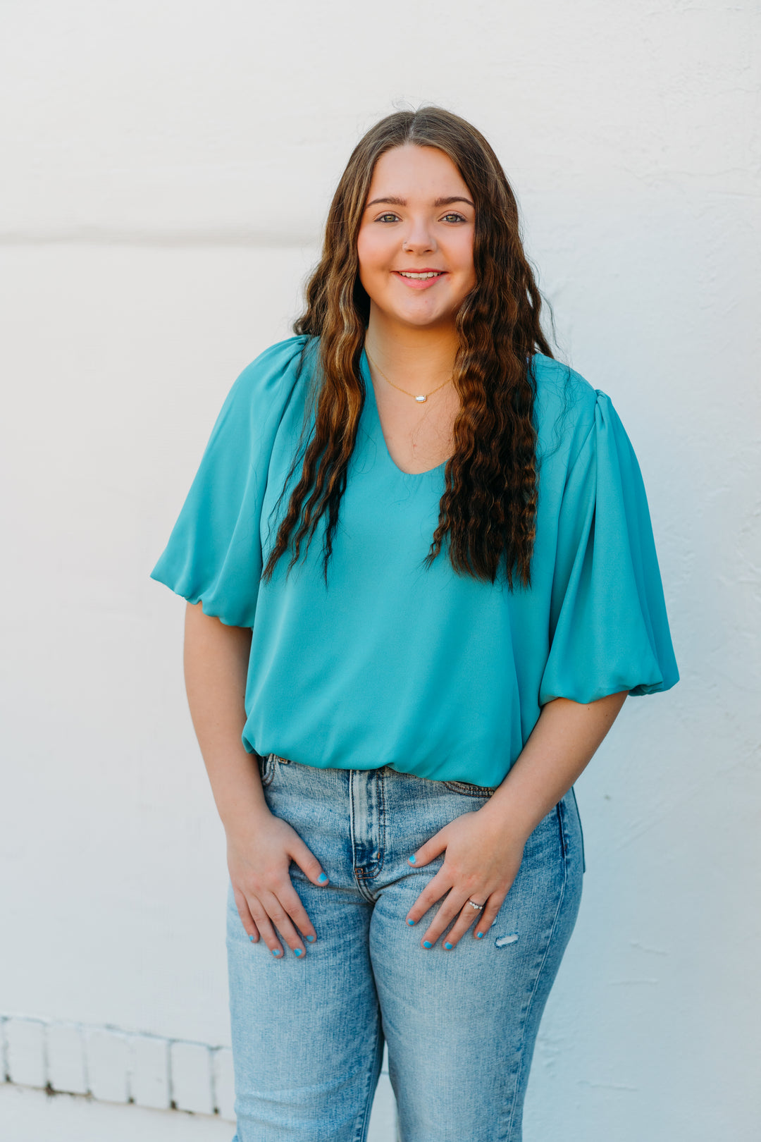 Karen Kane: Puff Sleeve Top in Aqua