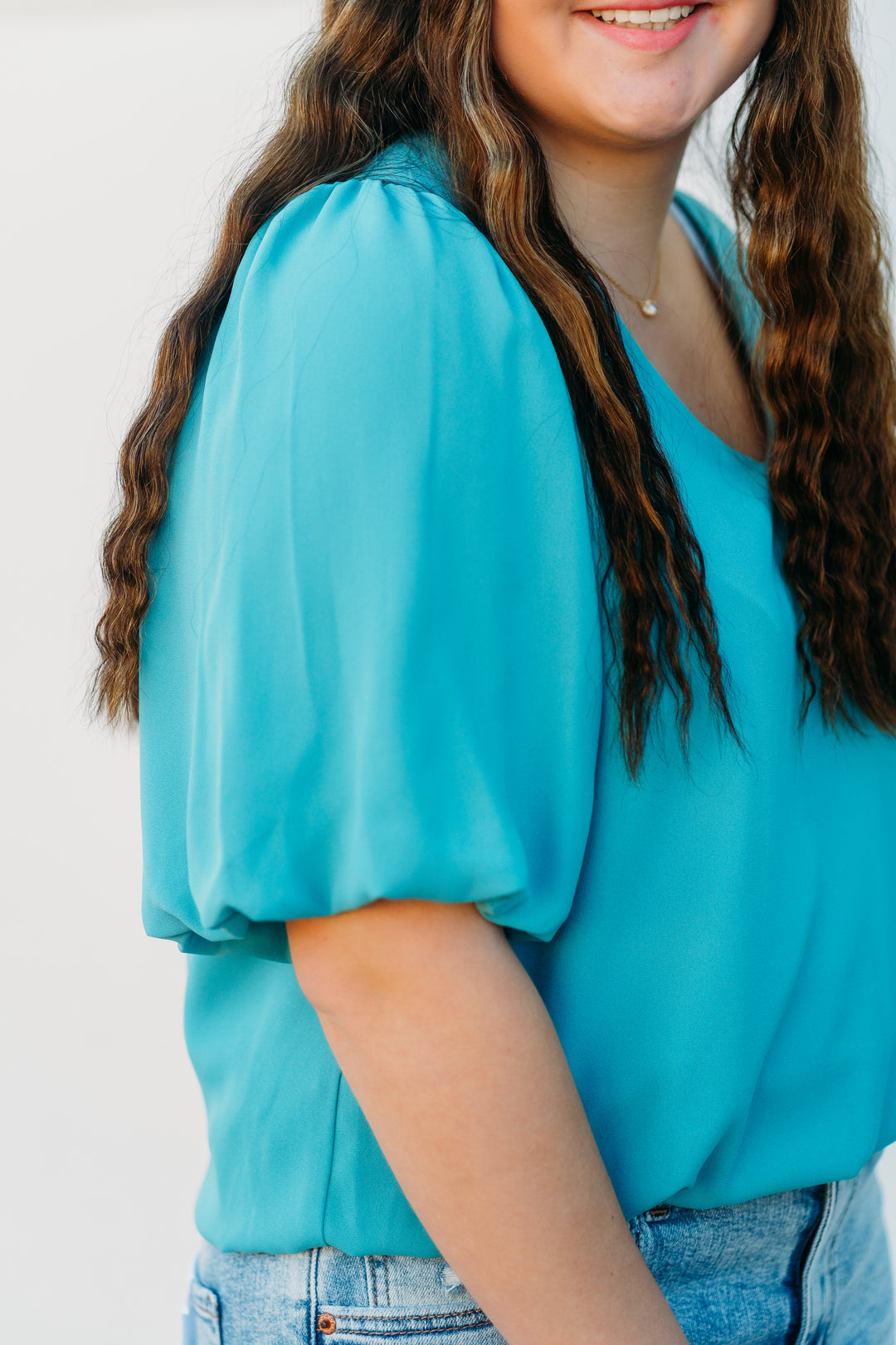 Karen Kane: Puff Sleeve Top in Aqua