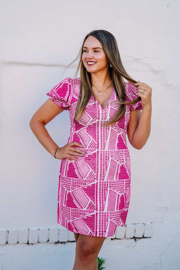 Jade: V-Neck Empire Dress in Empire in Fuchsia Geo Eyelet