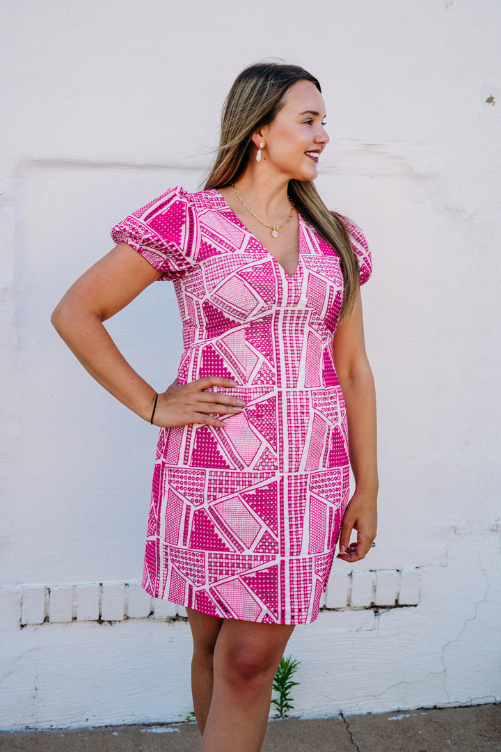 Jade: V-Neck Empire Dress in Empire in Fuchsia Geo Eyelet