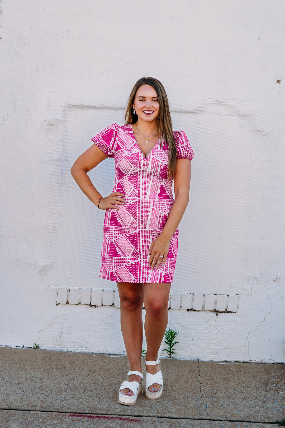 Jade: V-Neck Empire Dress in Empire in Fuchsia Geo Eyelet