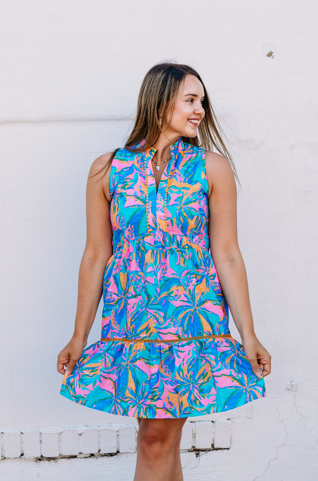 Joy Joy: Trim Sleeveless Dress in Tropical Palm