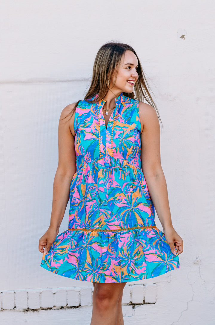 Joy Joy: Trim Sleeveless Dress in Tropical Palm