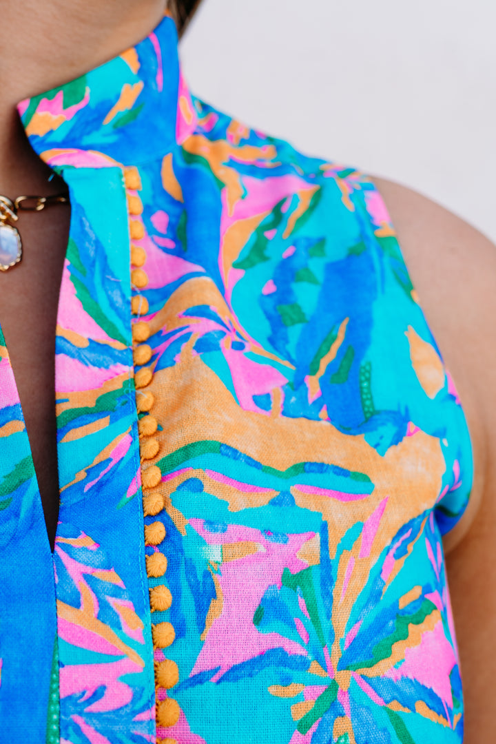 Joy Joy: Trim Sleeveless Dress in Tropical Palm