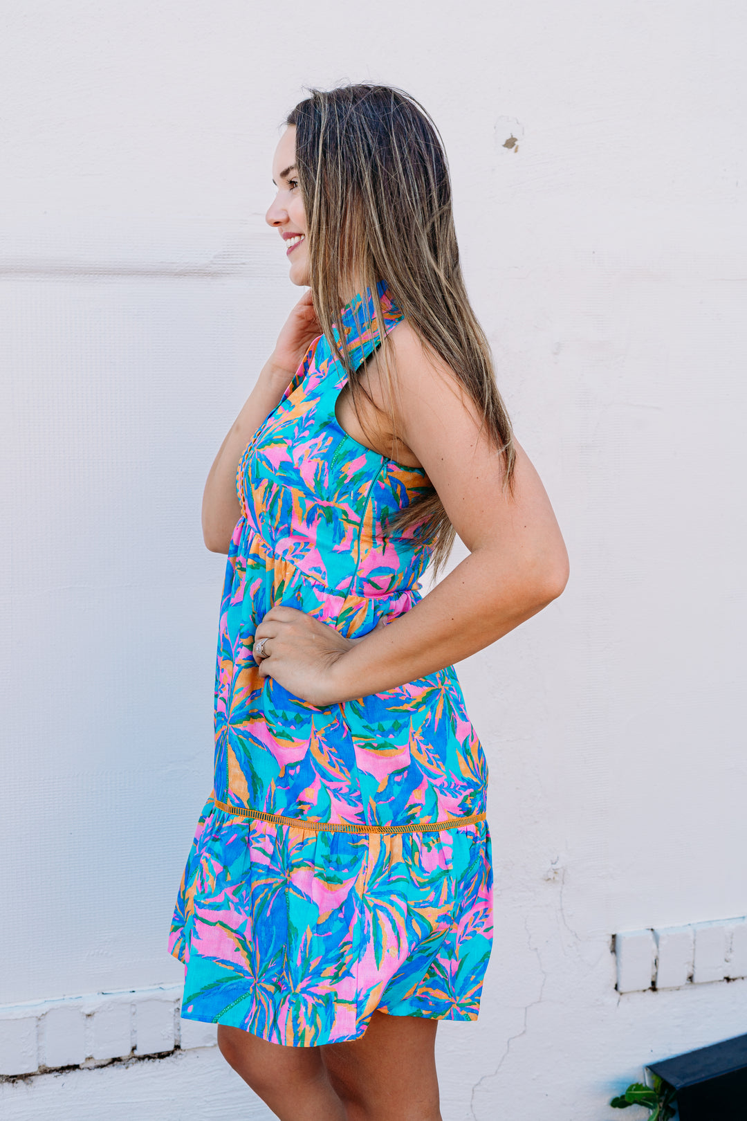 Joy Joy: Trim Sleeveless Dress in Tropical Palm