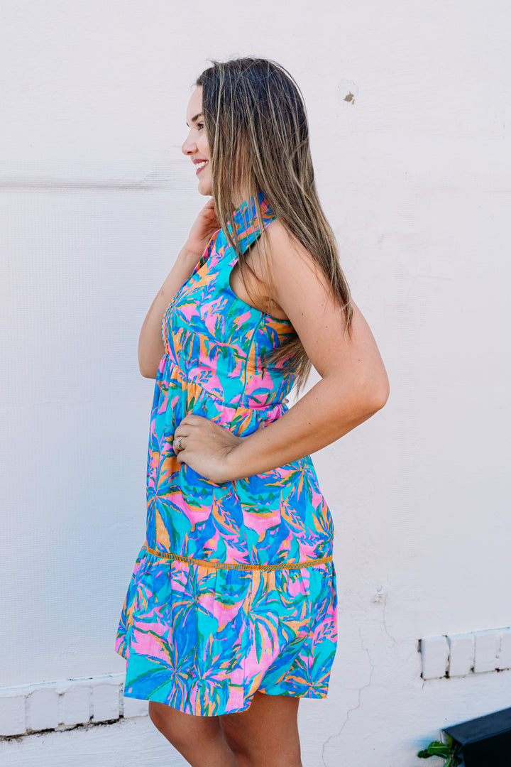 Joy Joy: Trim Sleeveless Dress in Tropical Palm