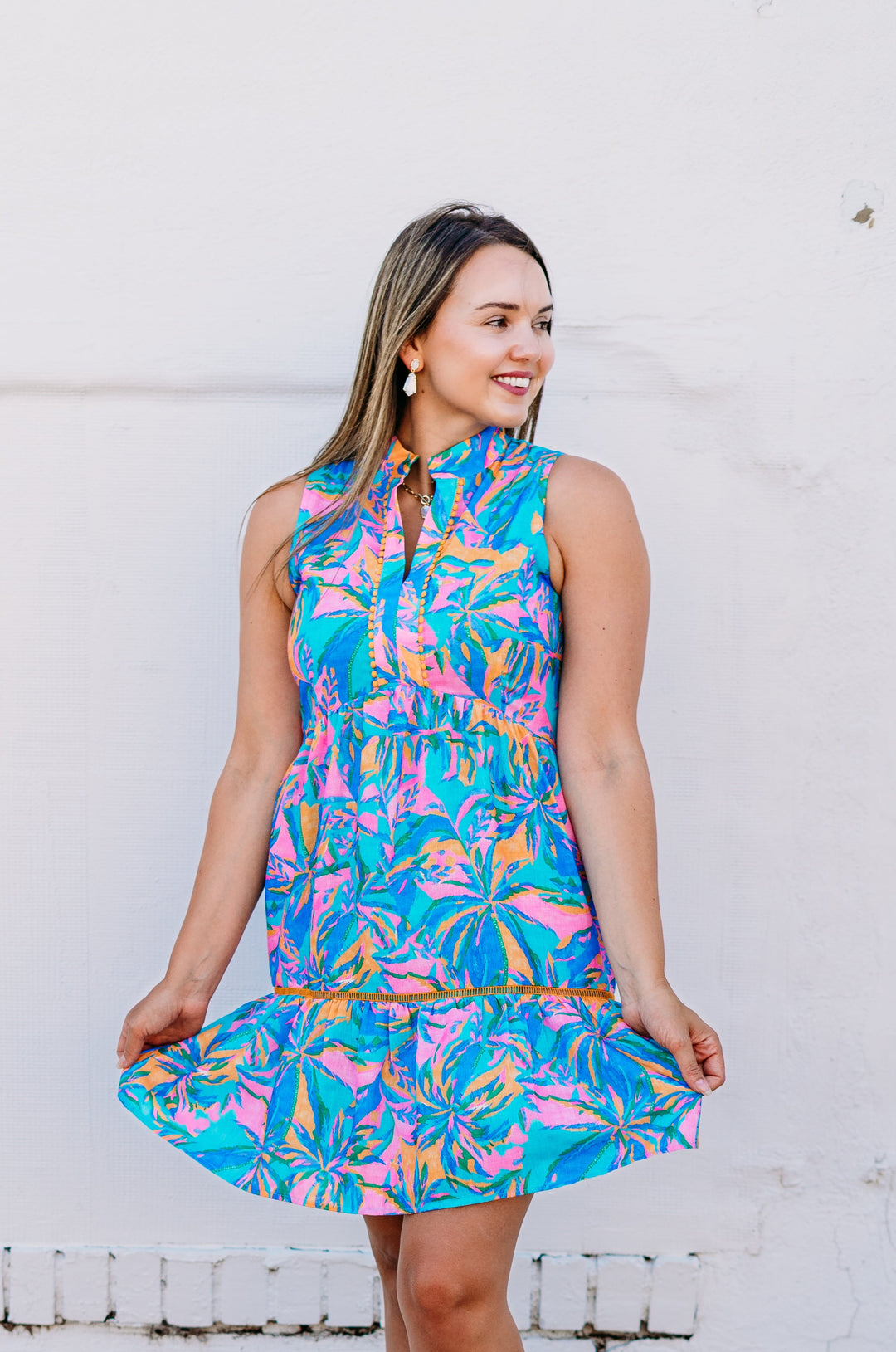 Joy Joy: Trim Sleeveless Dress in Tropical Palm