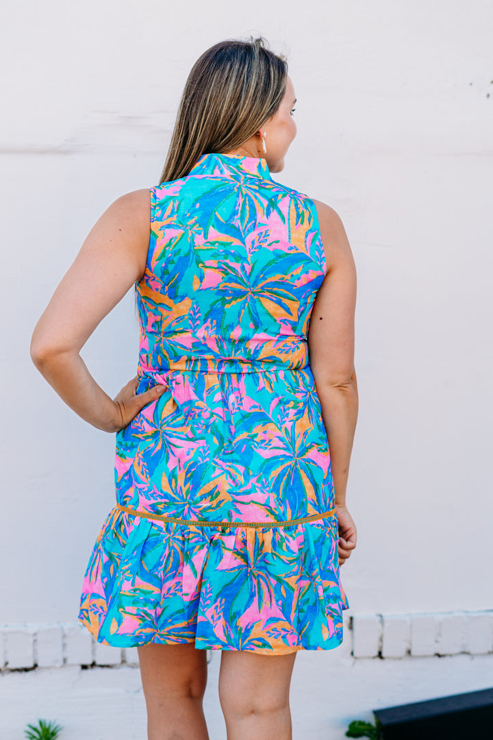 Joy Joy: Trim Sleeveless Dress in Tropical Palm