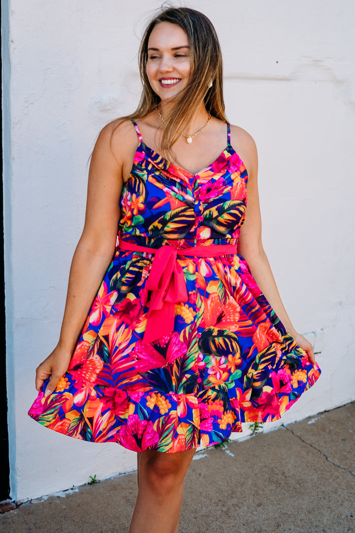 Joy Joy: Spagetti Strape Flounce Hem Dress in Hawaiian Bliss