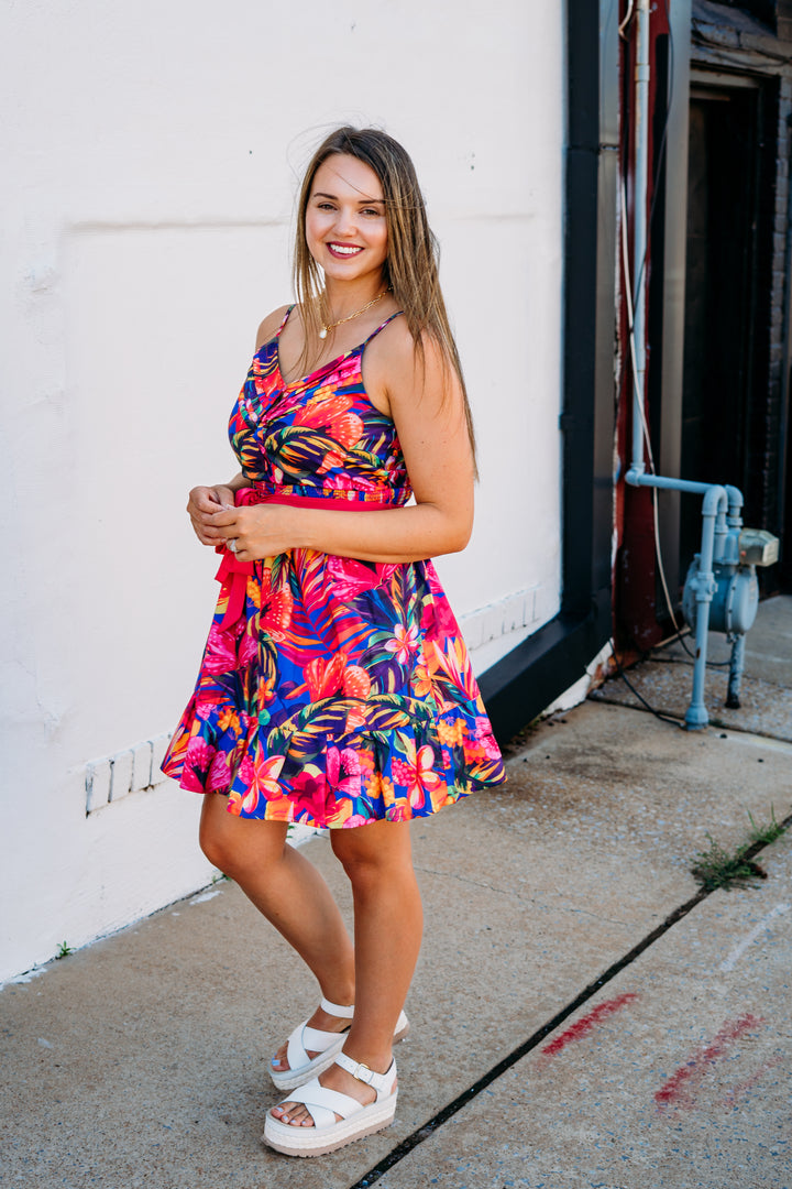 Joy Joy: Spagetti Strape Flounce Hem Dress in Hawaiian Bliss