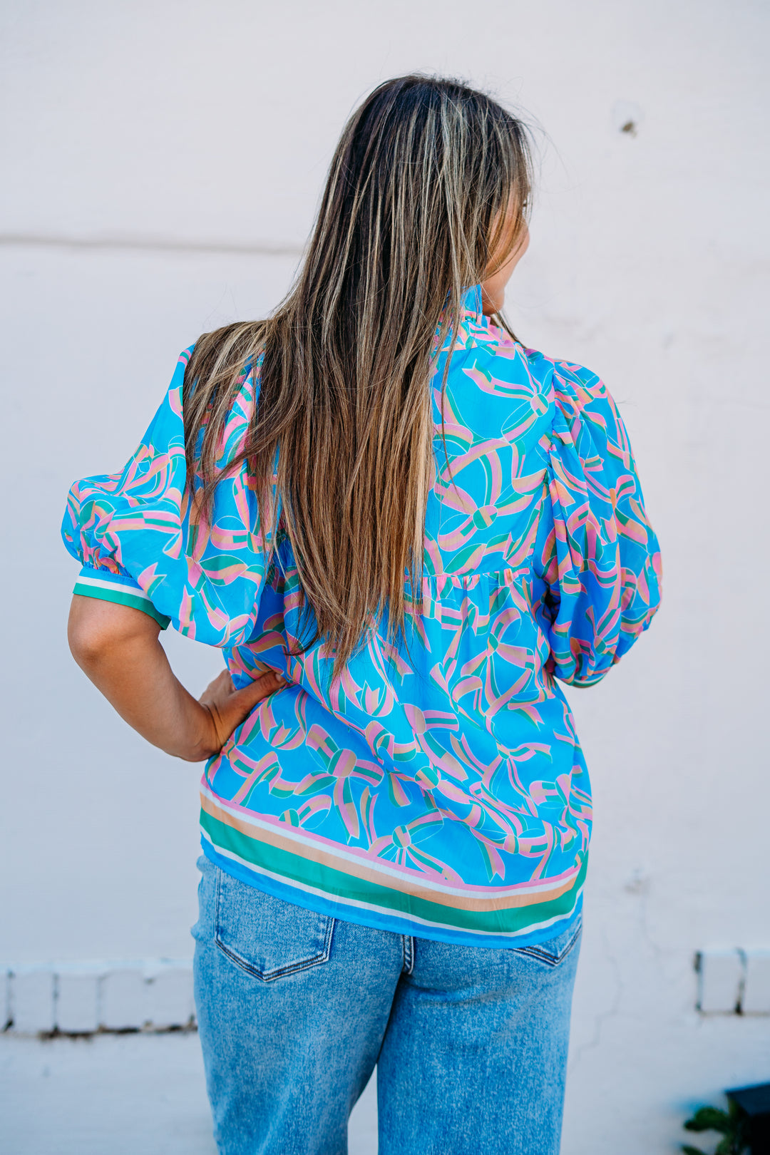 Jade: High Neck Puff Sleeve Top in Pastel Palate