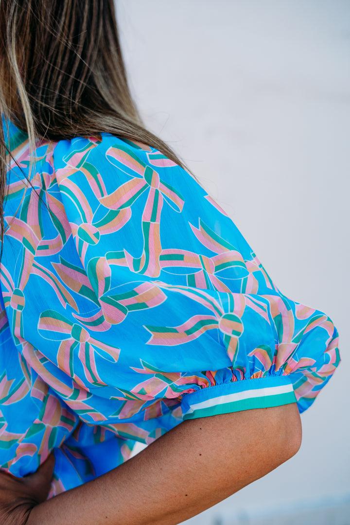 Jade: High Neck Puff Sleeve Top in Pastel Palate