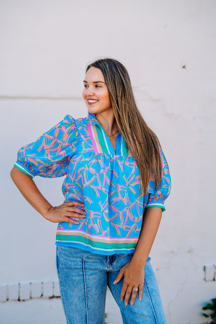 Jade: High Neck Puff Sleeve Top in Pastel Palate