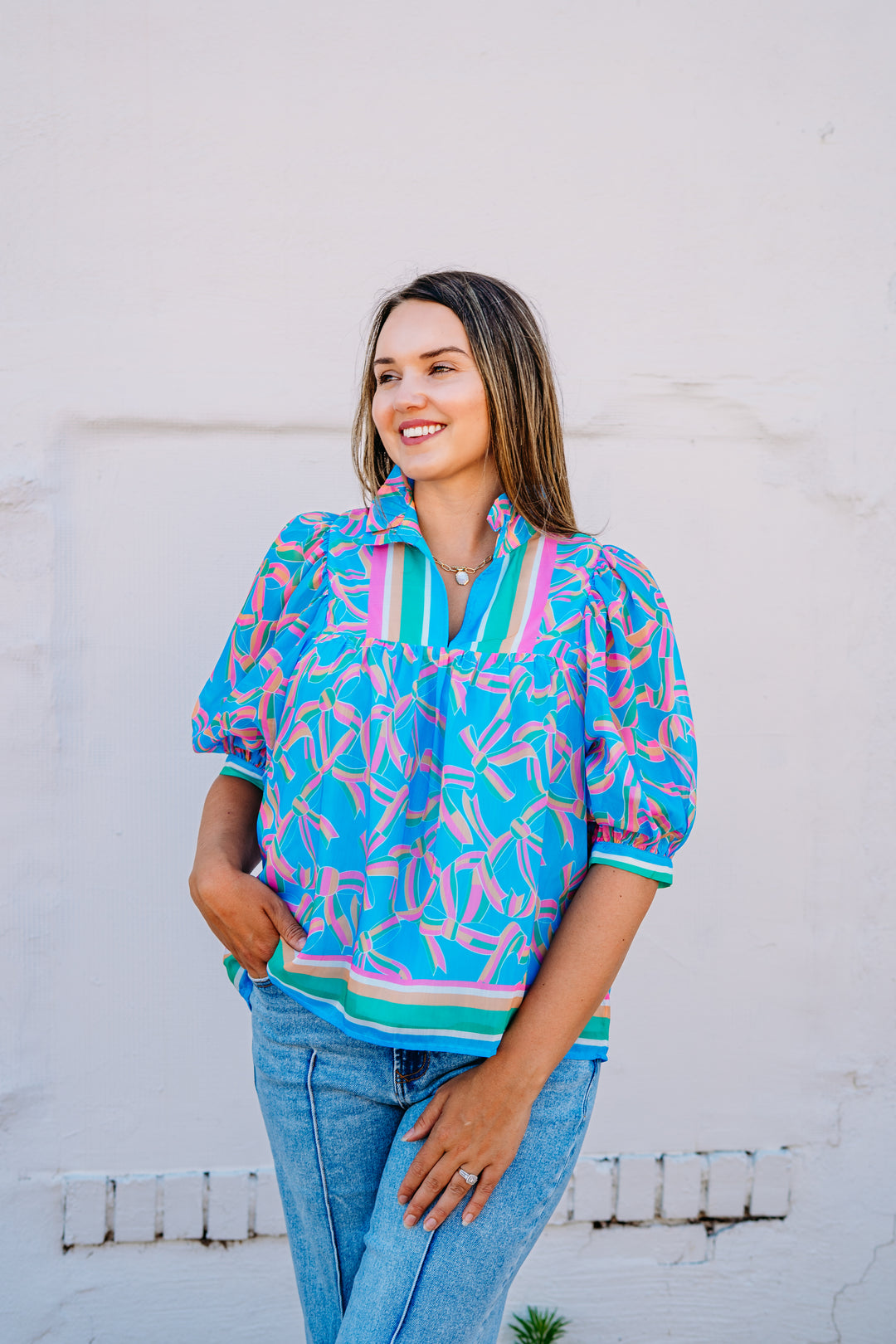 Jade: High Neck Puff Sleeve Top in Pastel Palate