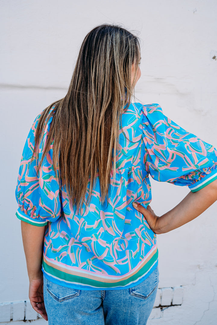 Jade: High Neck Puff Sleeve Top in Pastel Palate