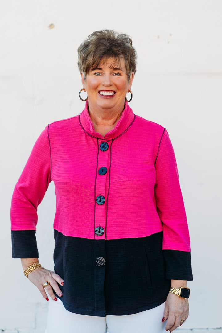 Multiples: 3/4 Band Sleeve Wire Collar Jacket in Fuchsia M15404JM