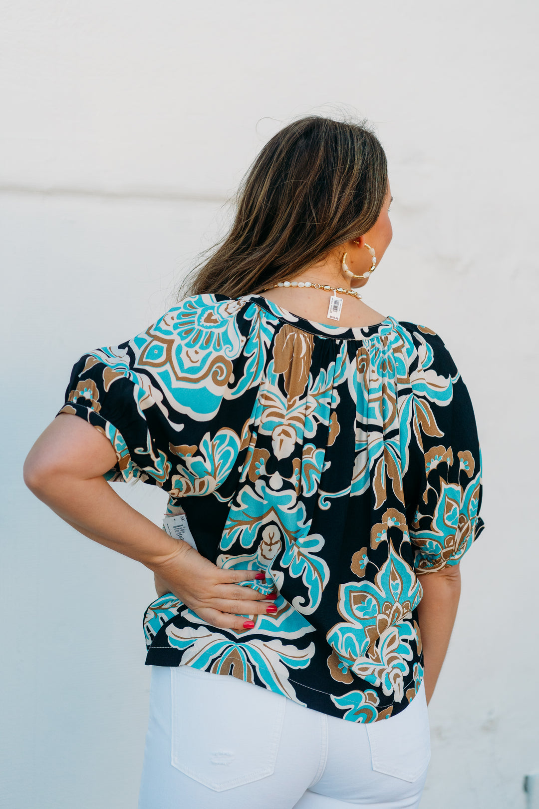 Karen Kane: Short Sleeve Peasant Top in Print