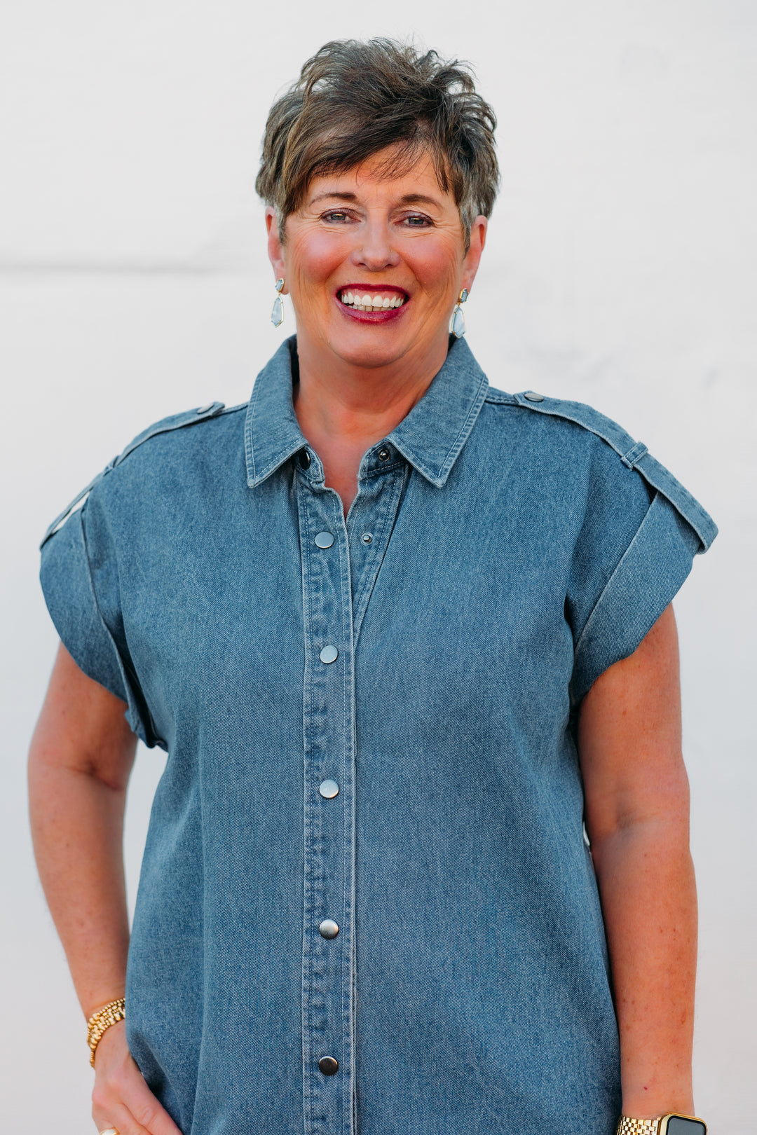 Karen Kane: Cap Sleeve Denim Shirtdress